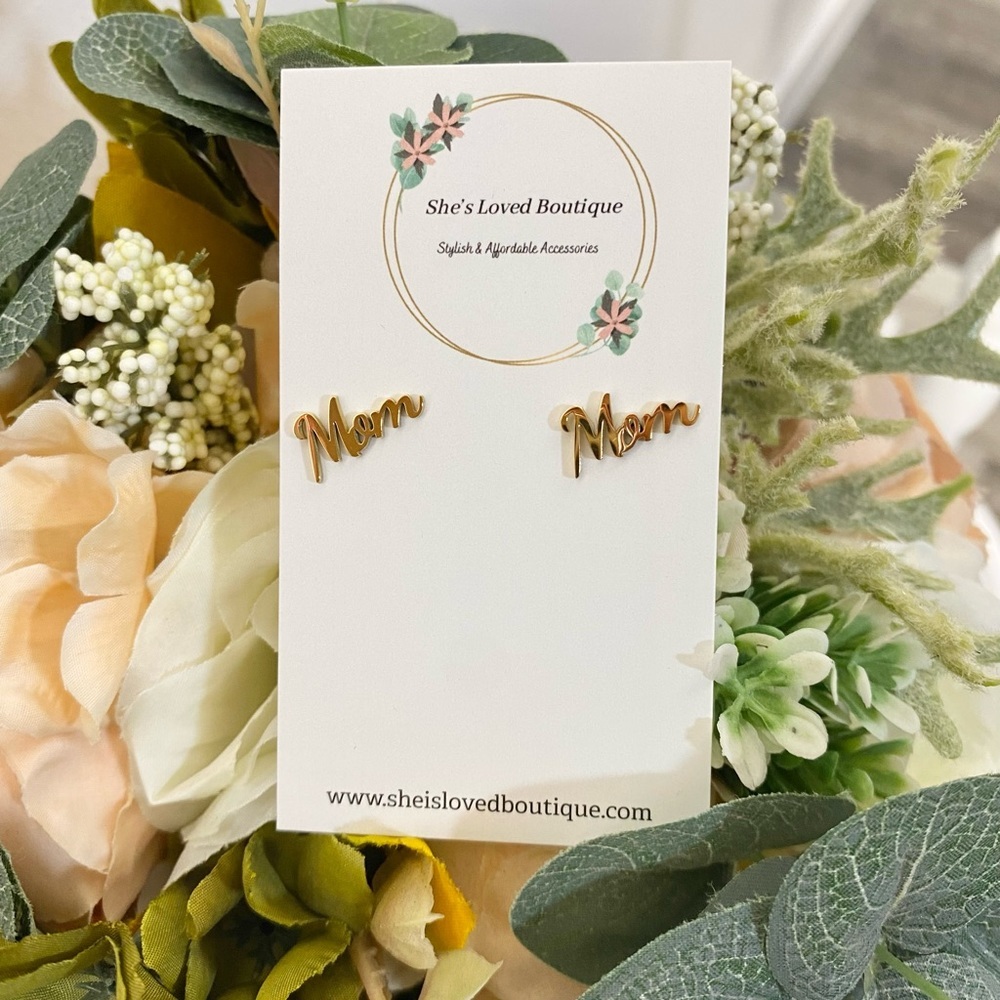 NWT 18K Gold Plated Stainless Steel Mom, Mother's Day Stud Earrings